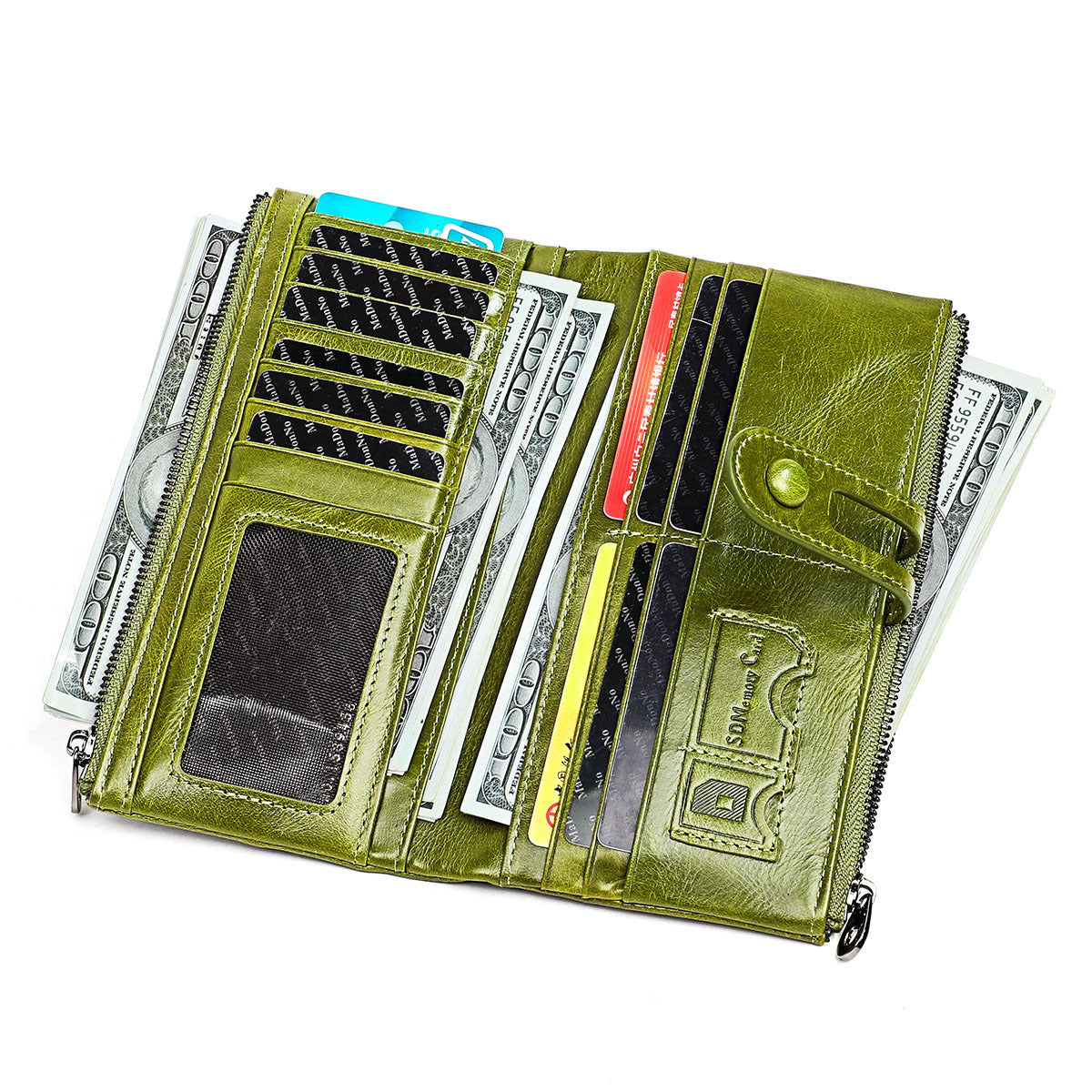 Portafoglio in pelle verde aperto con scomparti per carte di credito, banconote in dollari e tasca trasparente. Design elegante e funzionale.
