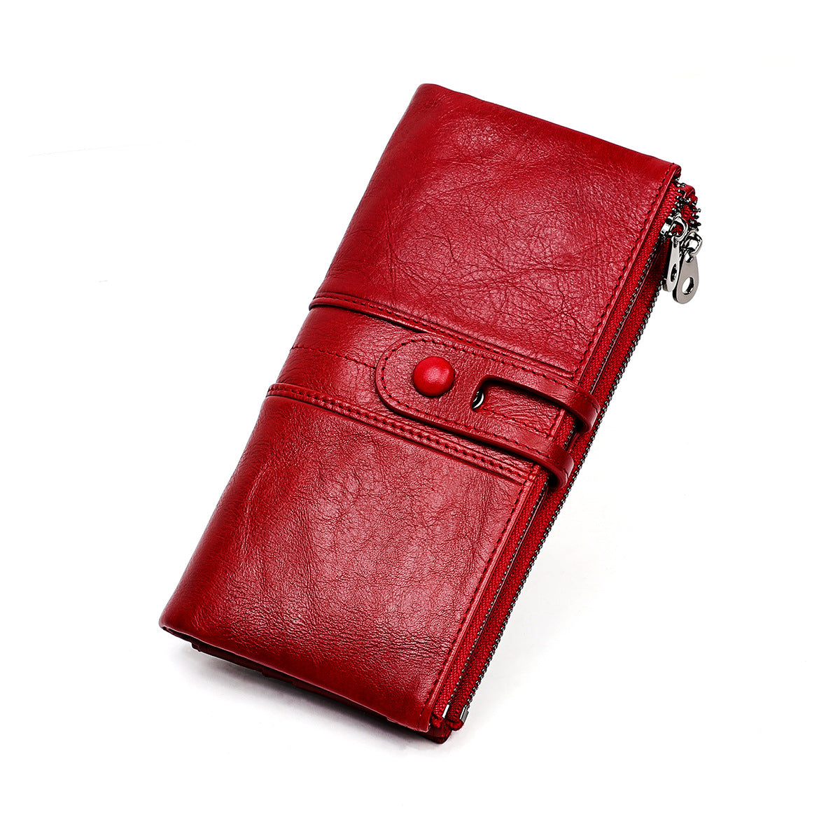 Portafoglio donna in pelle rossa, design elegante con chiusura a bottone e zip laterale. Accessorio moda, alta qualità, ideale per regali.