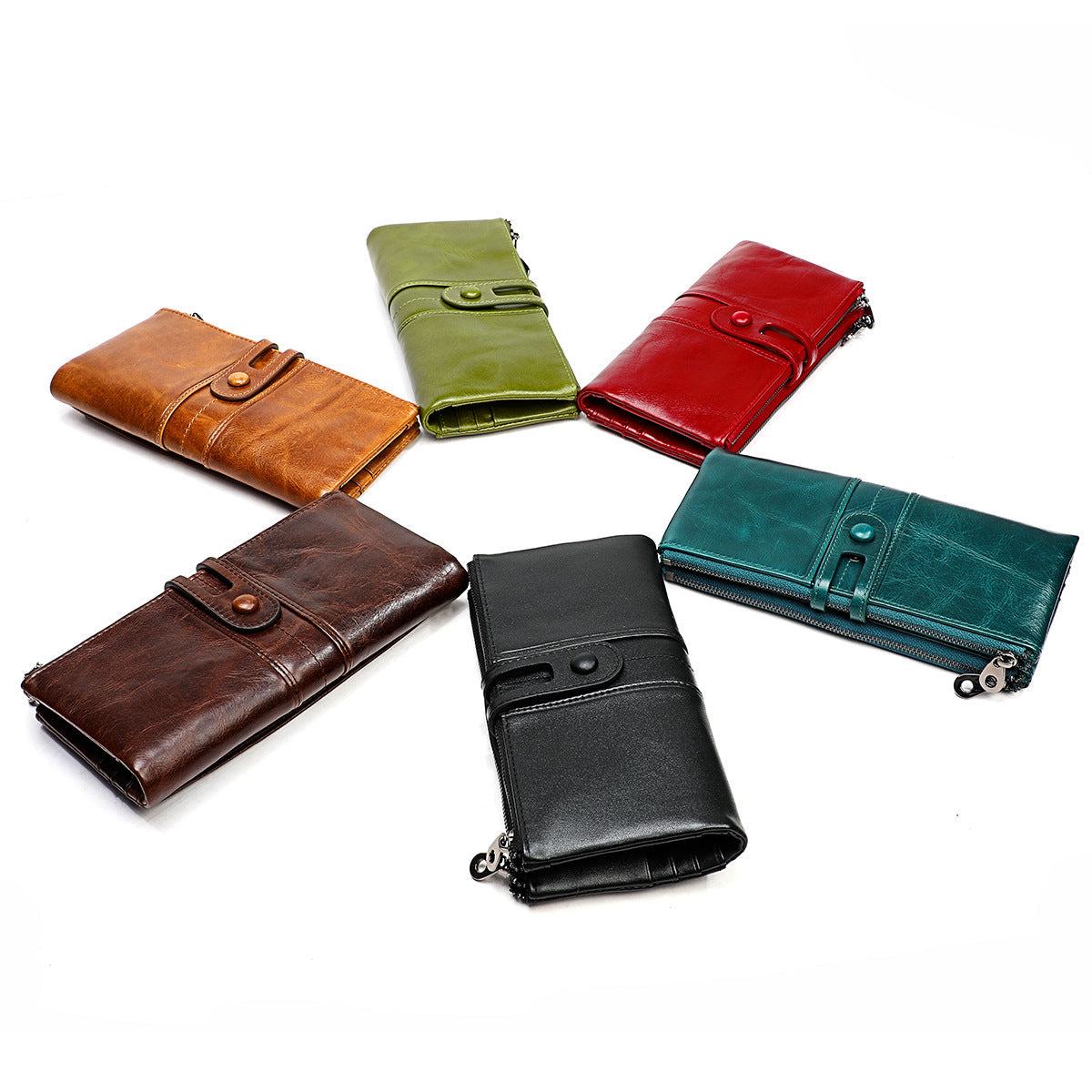 Set di portafogli in pelle multicolore per donna, design elegante con chiusura a bottone e zip. Accessorio moda, alta qualità, vari colori disponibili.