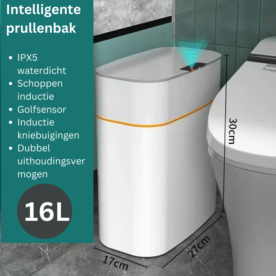 Cestino intelligente da 16L, impermeabile IPX5, con sensore a infrarossi e induzione, design moderno bianco, dimensioni 30x27x17 cm.