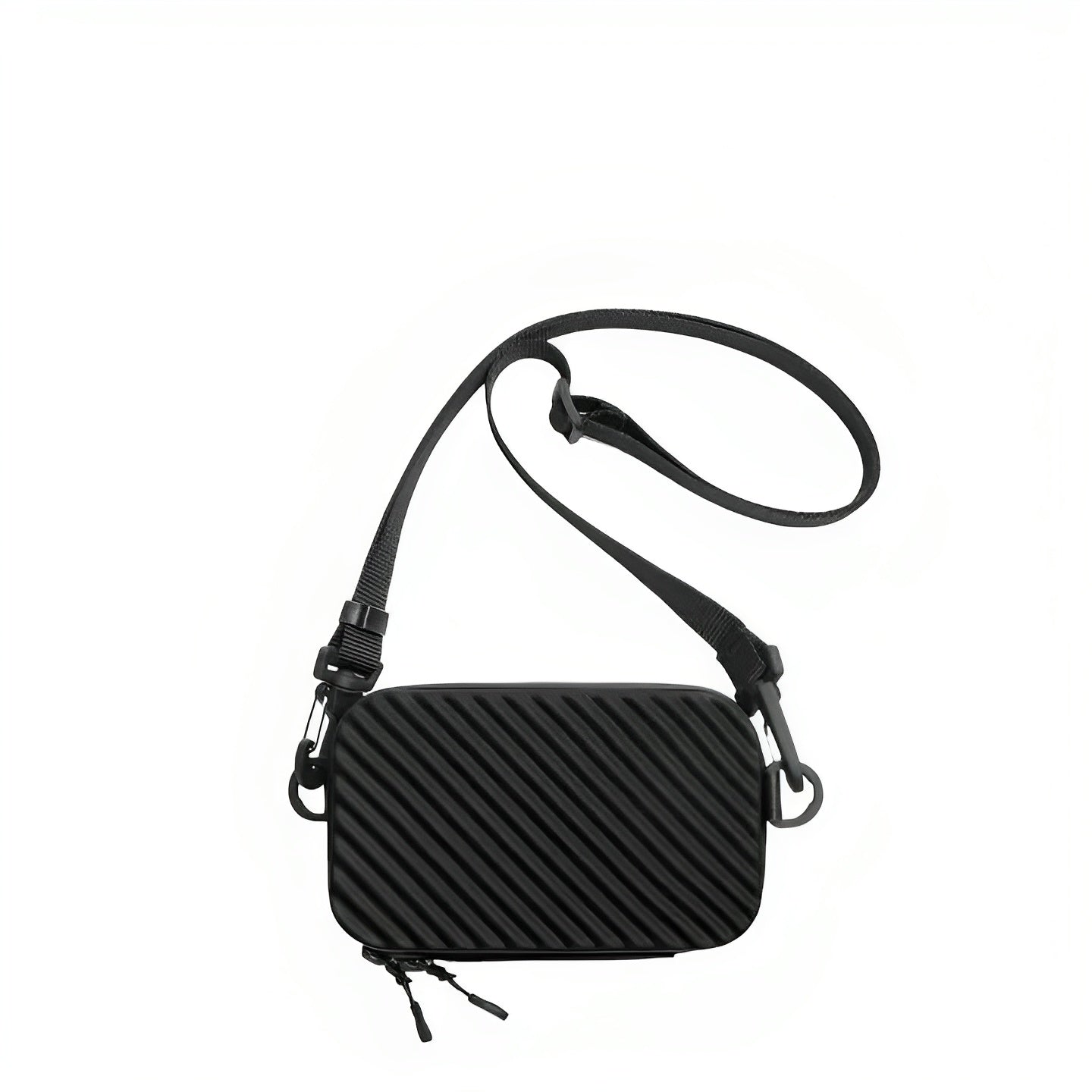 Borsa a tracolla nera unisex, design moderno con motivo a righe diagonali, tracolla regolabile, chiusura a zip. Accessorio moda versatile.
