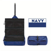Borsa da viaggio appesa blu navy, con scomparti multipli e chiusura a zip, ideale per organizzare articoli da toeletta. Design compatto e pieghevole.