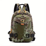 Zaino mimetico militare con tasche multiple, cerniere arancioni, spallacci regolabili, ideale per escursioni, campeggio e attività outdoor.