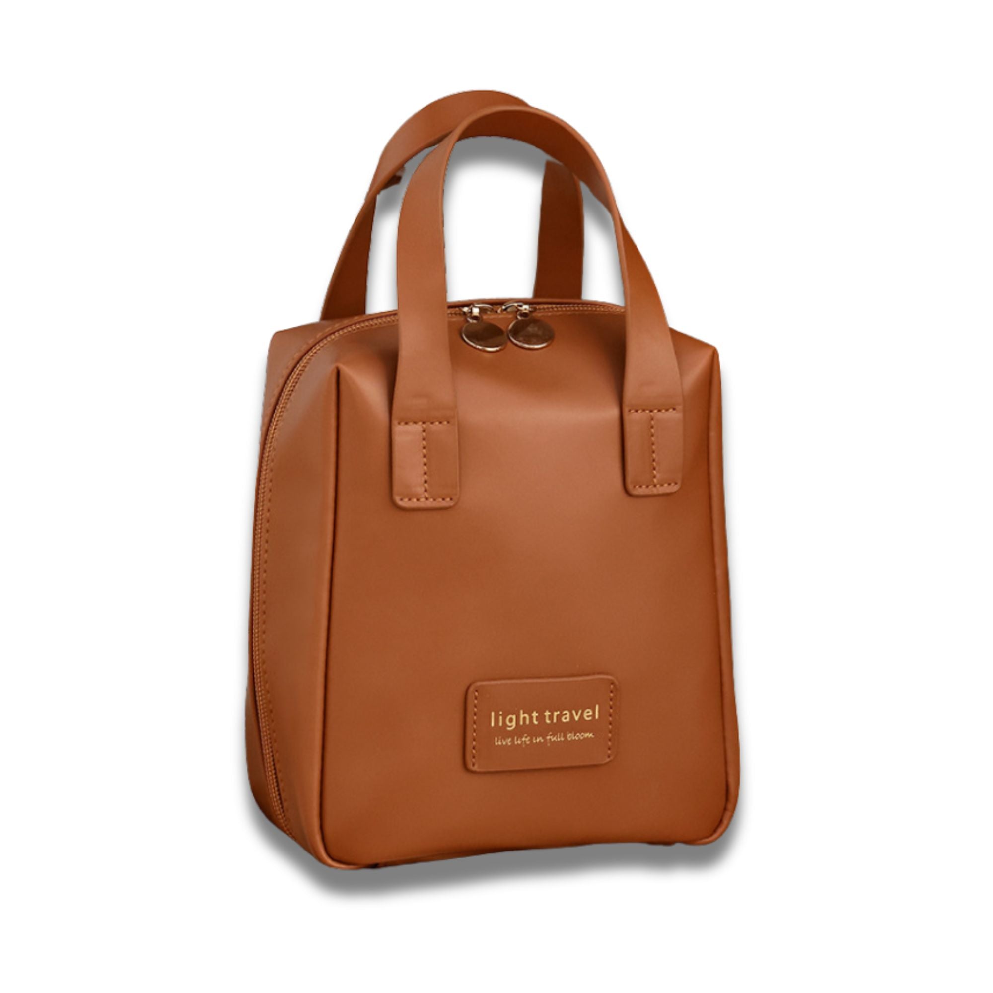 Borsa a mano in pelle marrone chiaro, design compatto, doppio manico, chiusura a zip, ideale per viaggi e uso quotidiano. Elegante e funzionale.