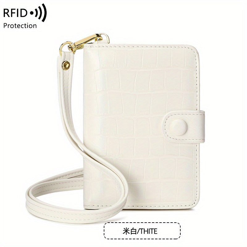 Portafoglio bianco in pelle con texture coccodrillo, cinturino da polso, protezione RFID. Elegante e sicuro, ideale per carte e contanti.