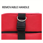 Borsa rossa con manico removibile, chiusura a fibbia nera, tessuto resistente. Ideale per viaggi, lavoro, scuola. Accessorio versatile e pratico.