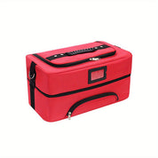 Borsa termica rossa con manico nero, tasche con zip, ideale per picnic e viaggi. Design robusto, perfetto per mantenere cibi freschi.