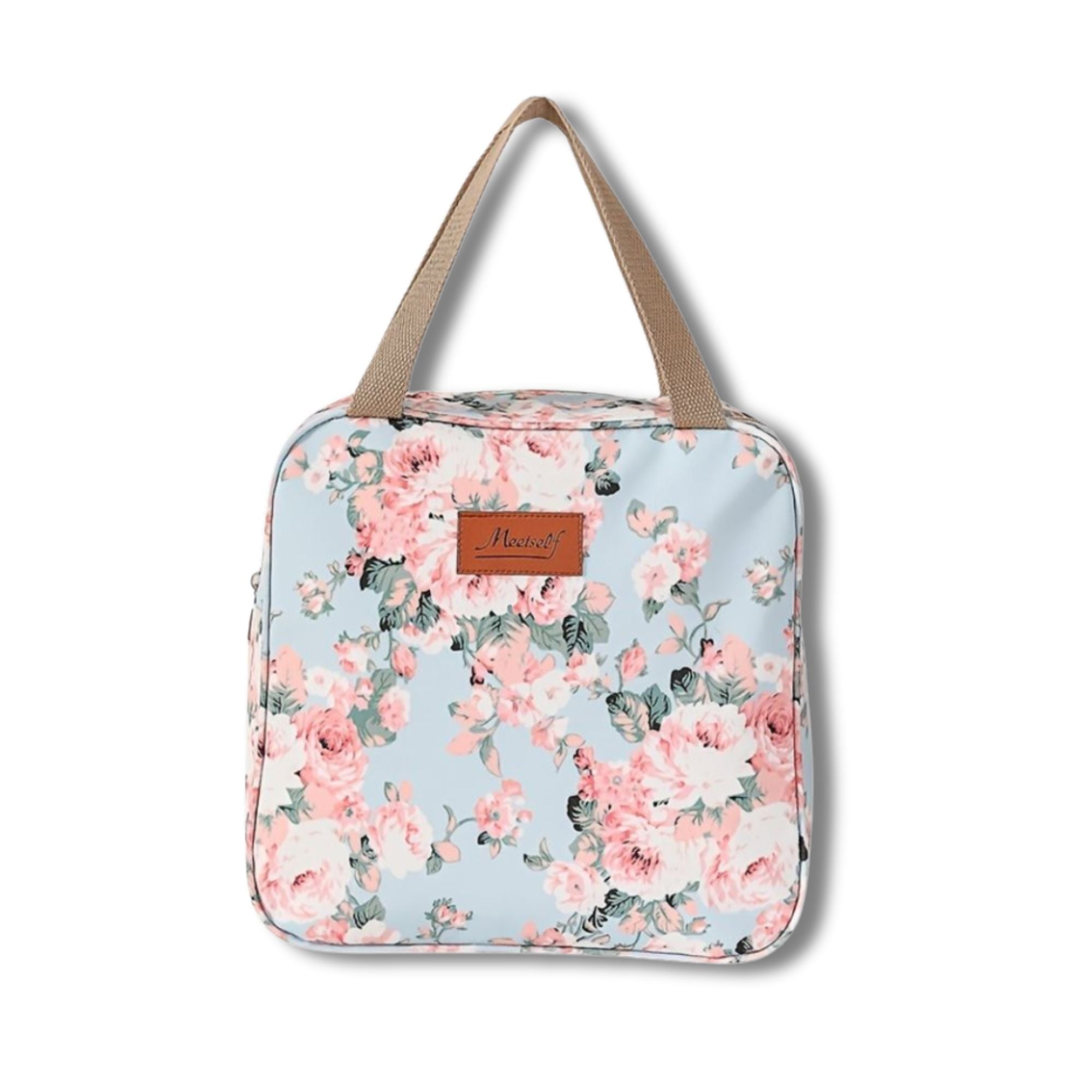 Borsa da viaggio floreale con manici beige, motivo rose rosa su sfondo azzurro, ideale per organizzare cosmetici e accessori.