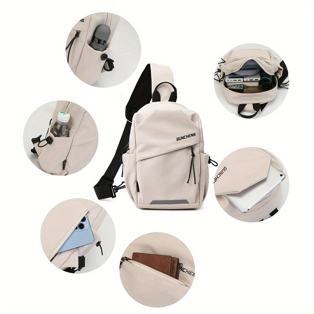 Zaino beige multifunzione con tasche multiple, ideale per laptop, accessori tecnologici e oggetti personali. Design moderno e pratico per viaggi e lavoro.