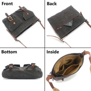 Borsa a tracolla in pelle marrone scuro, vista frontale, posteriore, inferiore e interna. Design vintage con tasche e fibbie. Accessorio moda uomo.