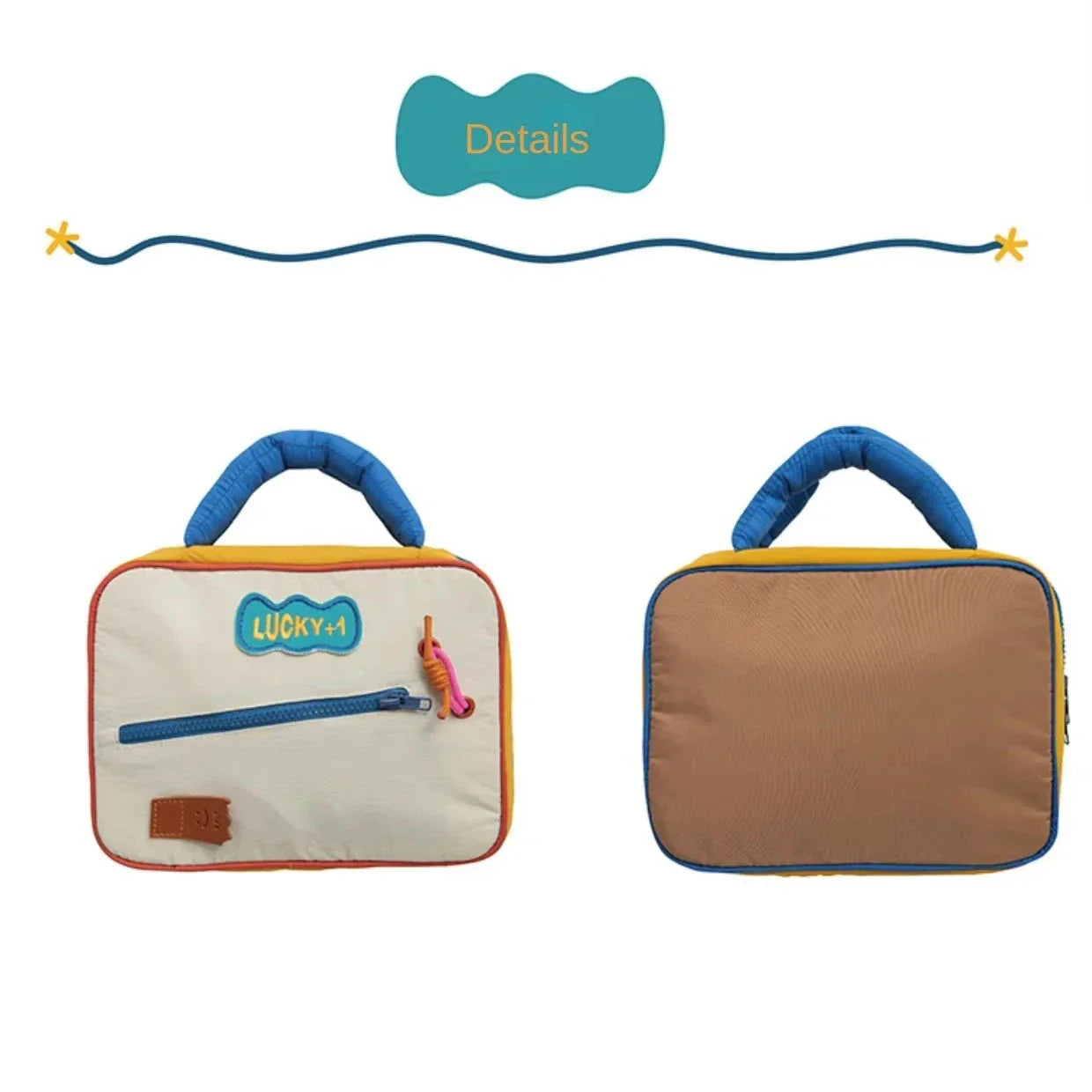 Borsa termica per bambini, design colorato con manico blu, tasca frontale con zip, ideale per scuola e picnic. Marca Lucky-4.