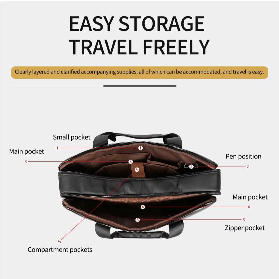 Borsa da lavoro in pelle nera con tasche multiple, scomparti per penne e zip, ideale per viaggi e organizzazione. Design elegante e funzionale.