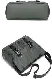 Borsa da viaggio verde militare con tracolla regolabile, tasche multiple e chiusure a fibbia. Design resistente e spazioso per viaggi e sport.