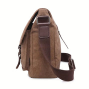 Borsa a tracolla in tela marrone, design vintage, con cinghia regolabile e fibbie in metallo. Ideale per uomo e donna, perfetta per uso quotidiano.