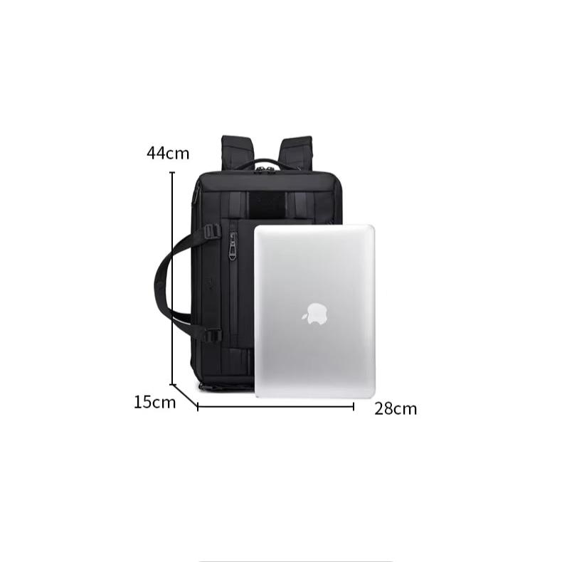 Zaino nero multifunzione 44x28x15cm con tasca per laptop, design moderno, ideale per lavoro e viaggio. Compatibile con dispositivi Apple.