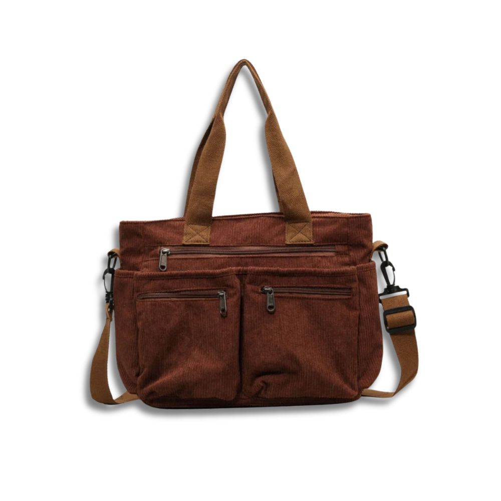 Borsa a tracolla in tessuto marrone con manici e tasche multiple con cerniera, design casual e versatile, ideale per uso quotidiano e viaggi.