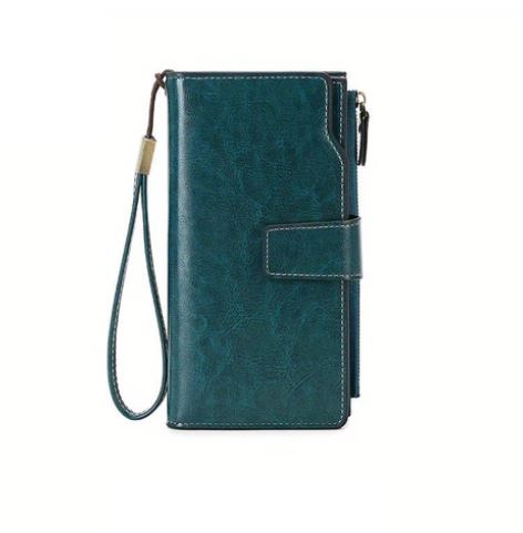 Portafoglio donna in pelle verde con cinturino da polso, design elegante e funzionale, ideale per carte di credito e contanti.