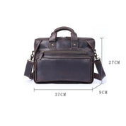 Borsa a tracolla in pelle marrone, dimensioni 37x27x9 cm, con manici e tasche con zip. Elegante e funzionale per lavoro e viaggio.