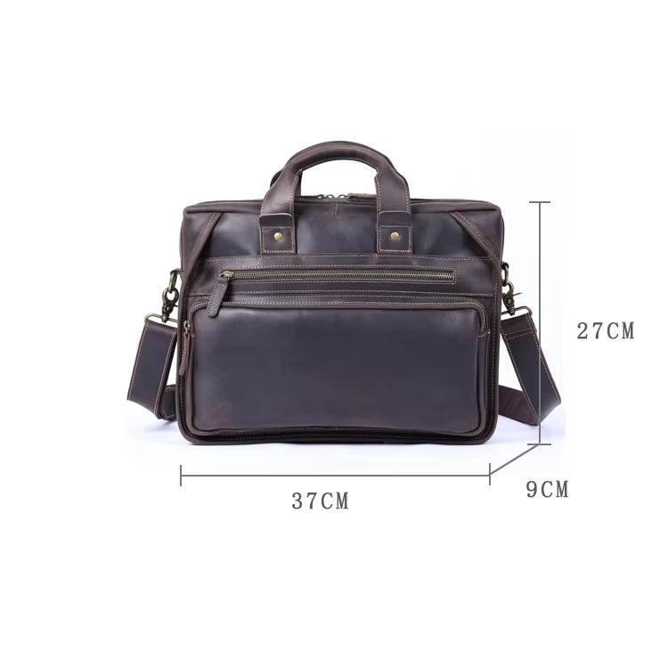 Borsa a tracolla in pelle marrone, dimensioni 37x27x9 cm, con manici e tasche con zip. Elegante e funzionale per lavoro e viaggio.