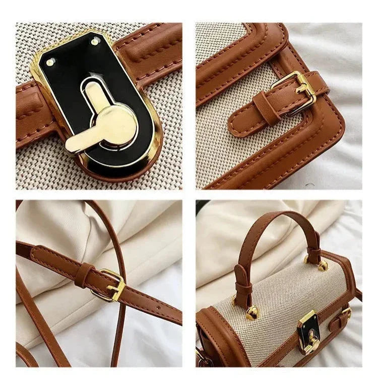 Borsa a tracolla in pelle marrone e tessuto beige, dettagli in metallo dorato, chiusura a girello, manico superiore, design elegante e moderno.