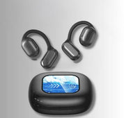 Auricolari wireless neri con custodia di ricarica e display digitale, design moderno, tecnologia Bluetooth, accessori audio portatili.
