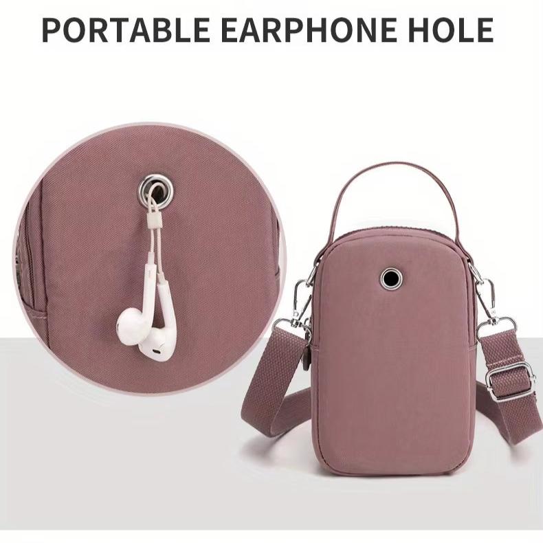Borsa a tracolla rosa con foro per auricolari, design compatto, ideale per smartphone, accessori moda donna, pratica e portatile.