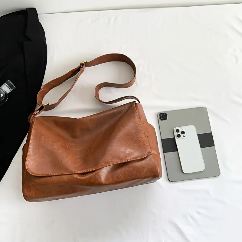 Borsa a tracolla in pelle marrone su letto bianco, accanto a tablet e smartphone. Accessori moda eleganti, design moderno, stile casual.