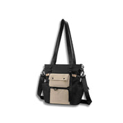 Borsa a tracolla nera e beige con tasche multiple, design moderno, ideale per viaggi e uso quotidiano. Accessorio moda unisex, resistente e spazioso.