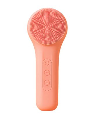 Spazzola viso elettrica in silicone arancione, con pulsanti di controllo. Dispositivo per pulizia profonda e massaggio viso. Accessorio skincare.