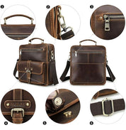 Borsa a tracolla in pelle marrone, design vintage, con cerniere robuste, manico superiore, tasche multiple e dettagli in metallo. Ideale per lavoro e viaggio.