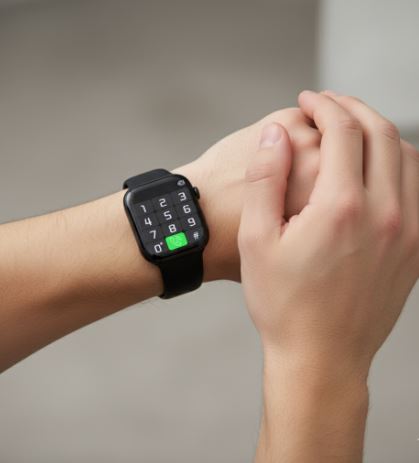 Orologio smart nero al polso, display numerico visibile. Tecnologia indossabile, smartwatch moderno, quadrante digitale.