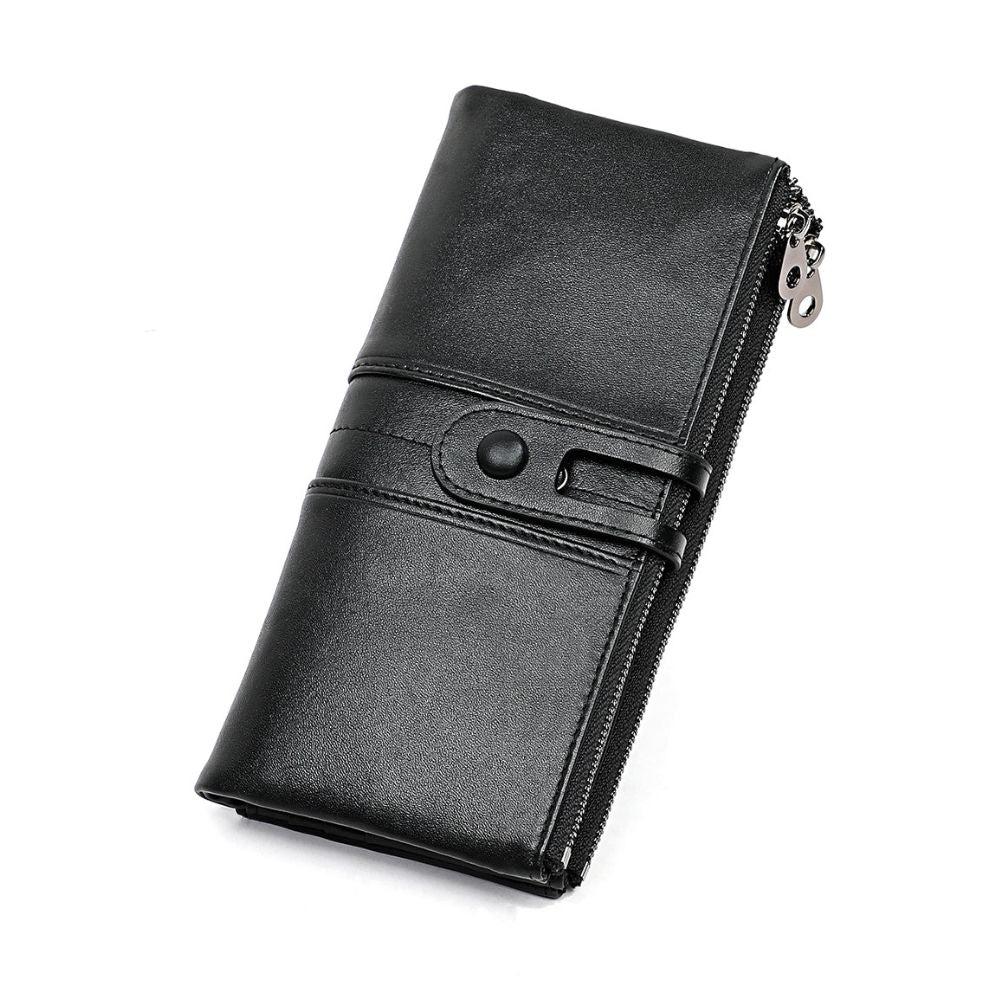 Portafoglio donna in pelle nera con chiusura a bottone e cerniera, design elegante e funzionale, accessorio moda essenziale.