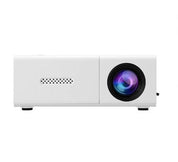 Proiettore portatile bianco con lente multicolore, design compatto, ideale per home cinema e presentazioni. Tecnologia LED avanzata.