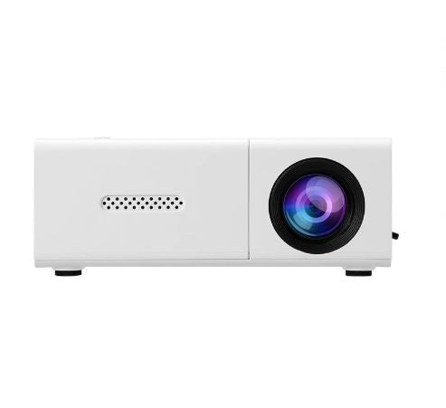 Proiettore portatile bianco con lente multicolore, design compatto, ideale per home cinema e presentazioni. Tecnologia LED avanzata.