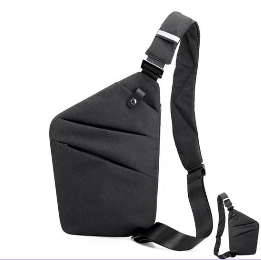 Zaino monospalla nero, design moderno e compatto, con tasche multiple e tracolla regolabile. Ideale per viaggi e uso quotidiano.