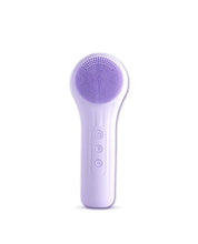 Dispositivo di pulizia viso elettrico viola, spazzola in silicone, pulsanti di controllo, cura della pelle, bellezza, esfoliazione, impermeabile.