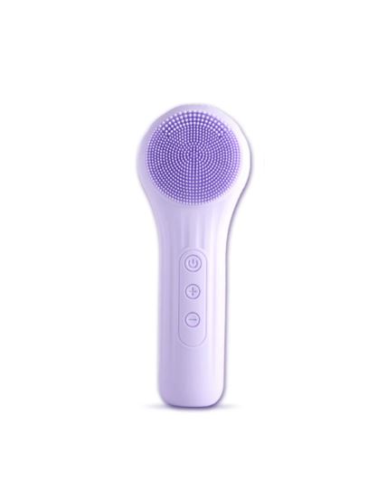 Dispositivo di pulizia viso elettrico viola, spazzola in silicone, pulsanti di controllo, cura della pelle, bellezza, esfoliazione, impermeabile.