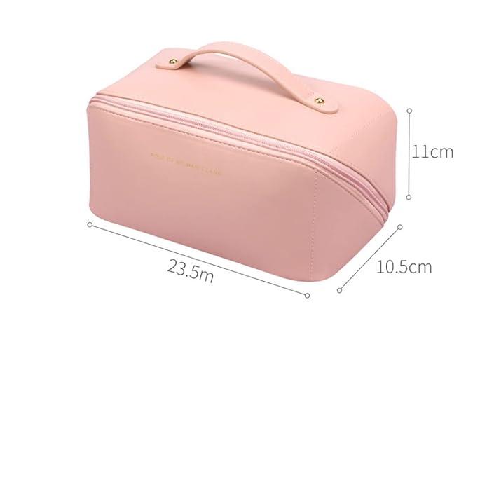 Astuccio cosmetico rosa in pelle sintetica con manico, dimensioni 23,5x11x10,5 cm. Ideale per trucco, accessori viaggio, organizzazione beauty.