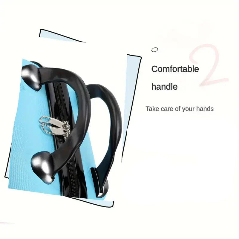 Manico ergonomico nero su valigia blu con cerniera robusta, design confortevole per proteggere le mani. Valigia da viaggio resistente.