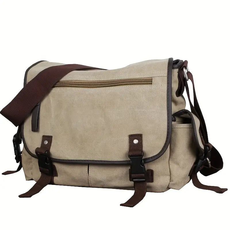 Borsa a tracolla in tela beige con dettagli in pelle marrone, tasca frontale con zip, fibbie regolabili. Ideale per lavoro e viaggio.