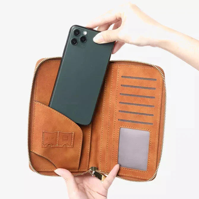 Custodia portafoglio in pelle marrone con scomparti per carte e tasca per smartphone, design elegante e funzionale, accessorio moda uomo/donna.