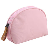 Astuccio cosmetico rosa in tessuto, chiusura con zip e tiralampo in pelle marrone. Ideale per trucco, accessori viaggio, organizer borsa.