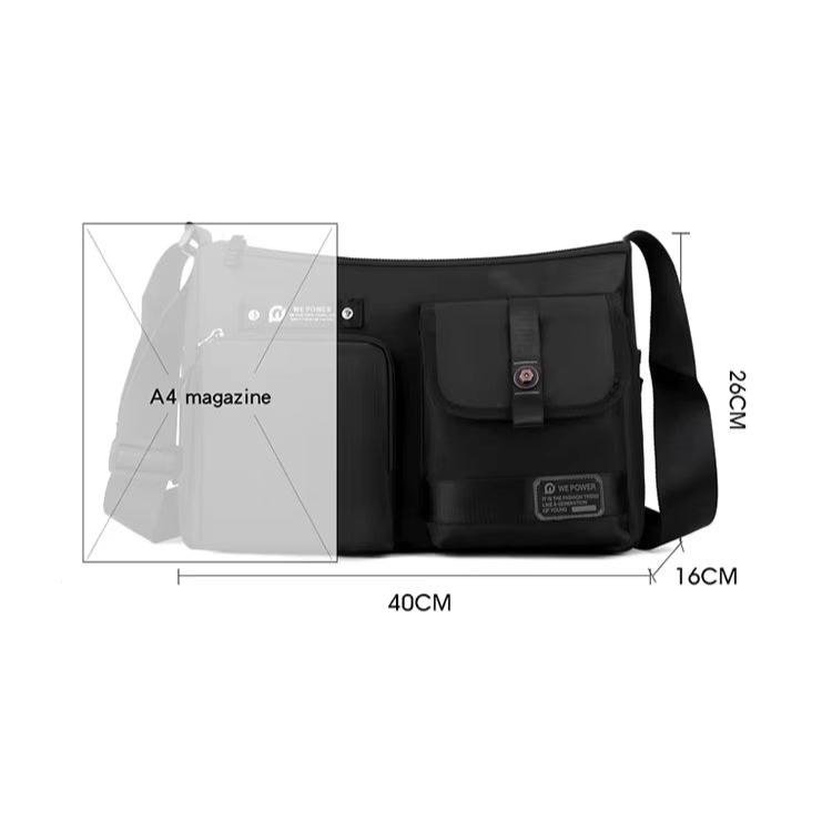 Borsa a tracolla nera in nylon impermeabile, dimensioni 40x26x16 cm, con tasche multiple, adatta per riviste A4, ideale per uomo e donna.