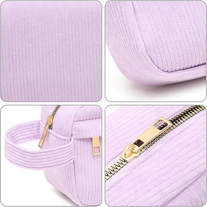 Borsa a tracolla in velluto a coste lilla con cerniera dorata, dettagli eleganti e manico robusto. Accessorio moda donna, stile casual chic.