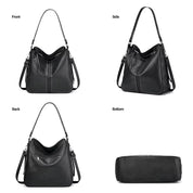 Borsa a tracolla in pelle nera, vista frontale, laterale, posteriore e inferiore. Design elegante con dettagli metallici, ideale per moda femminile.