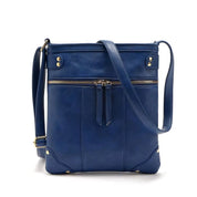 Borsa a tracolla in pelle blu con cerniera frontale e dettagli in metallo dorato. Design elegante e pratico per moda donna.