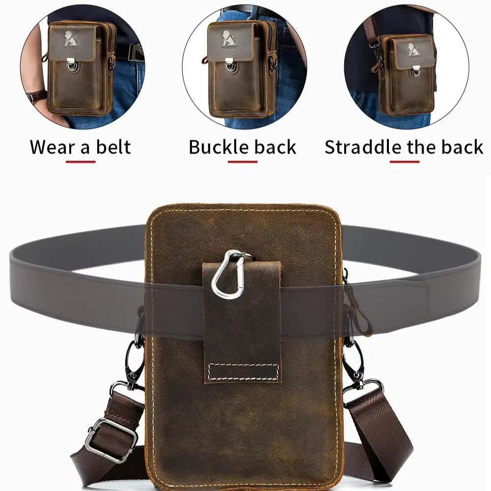 Borsa a tracolla in pelle marrone per uomo, multifunzionale, con cinturino regolabile, adatta per cintura, schiena o spalla. Accessorio moda pratico.