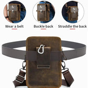 Borsa a tracolla in pelle marrone per uomo, multifunzionale, con cinturino regolabile, adatta per cintura, schiena o spalla. Accessorio moda pratico.