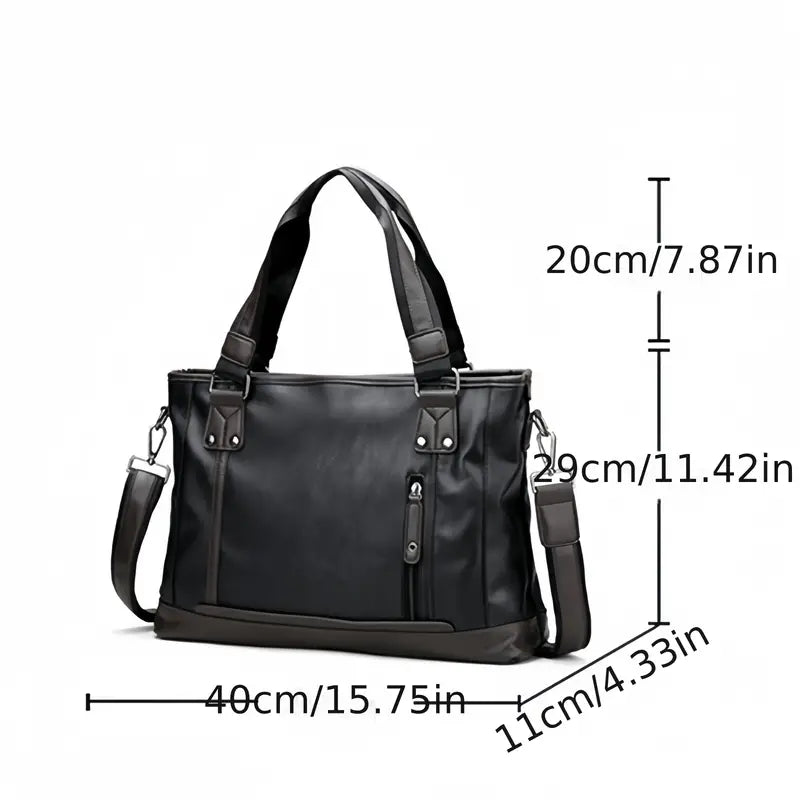 Borsa a tracolla in pelle nera, dimensioni 40x11x29 cm, con manici e tracolla regolabile. Design elegante, ideale per lavoro e viaggio.