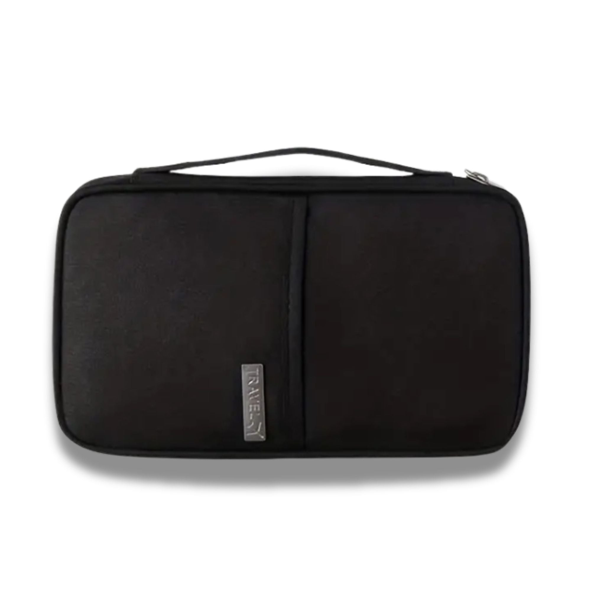 Custodia organizer nera per accessori elettronici, con manico e chiusura a zip. Design compatto, ideale per viaggi e ufficio.